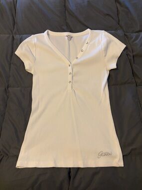 Guess White Short Sleeve Ribbed Henley Top with Rhinestone Logo